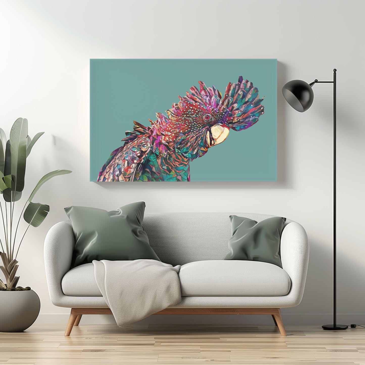 rainbow black cockatoo with cheeky look canvas print above couch in a living room