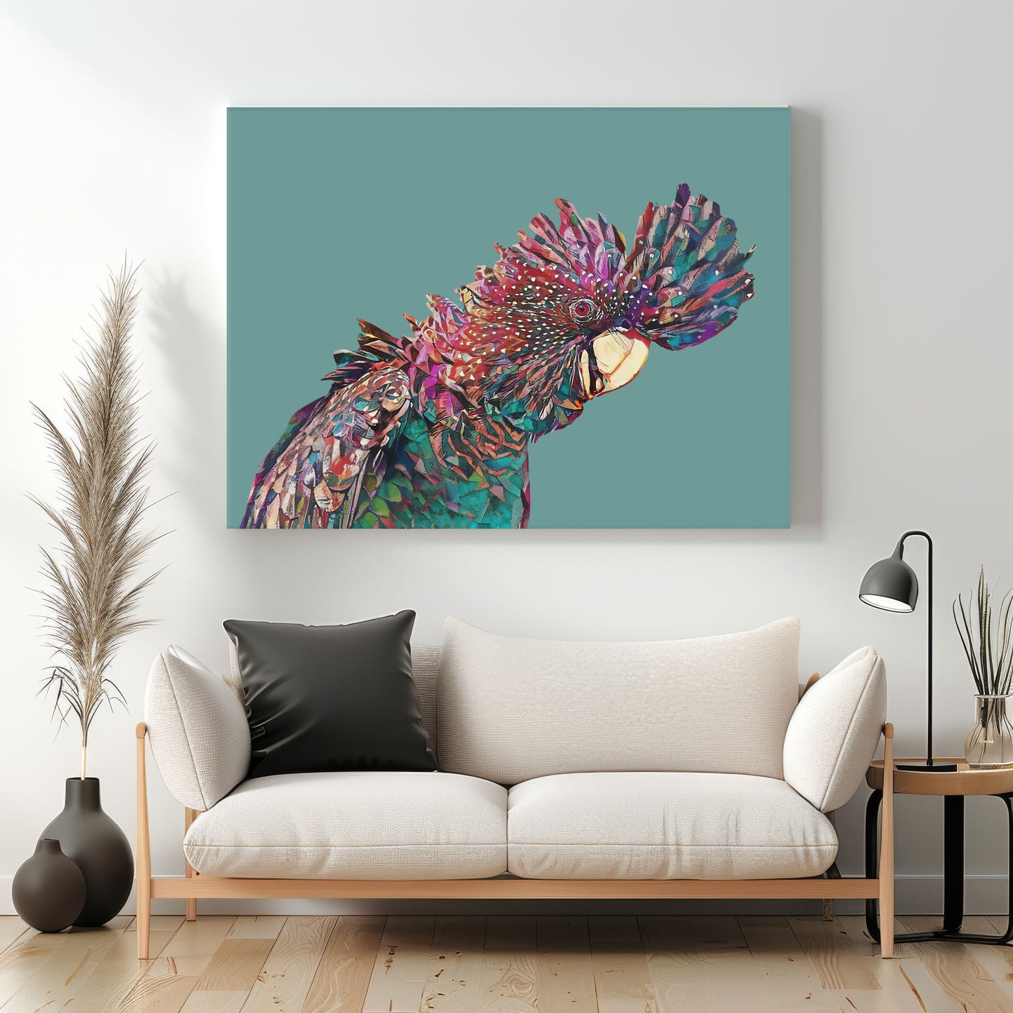 rainbow black cockatoo with cheeky look canvas print above couch in a living room