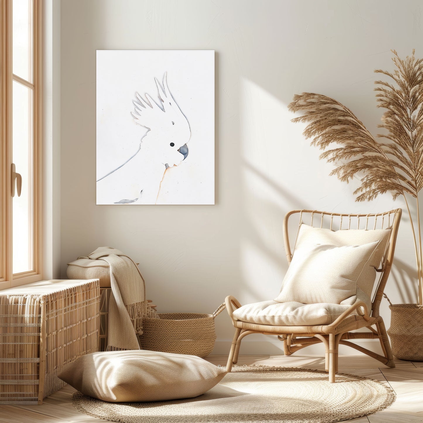 minimalist line drawing canvas print of a cockatoo with crest up in living room
