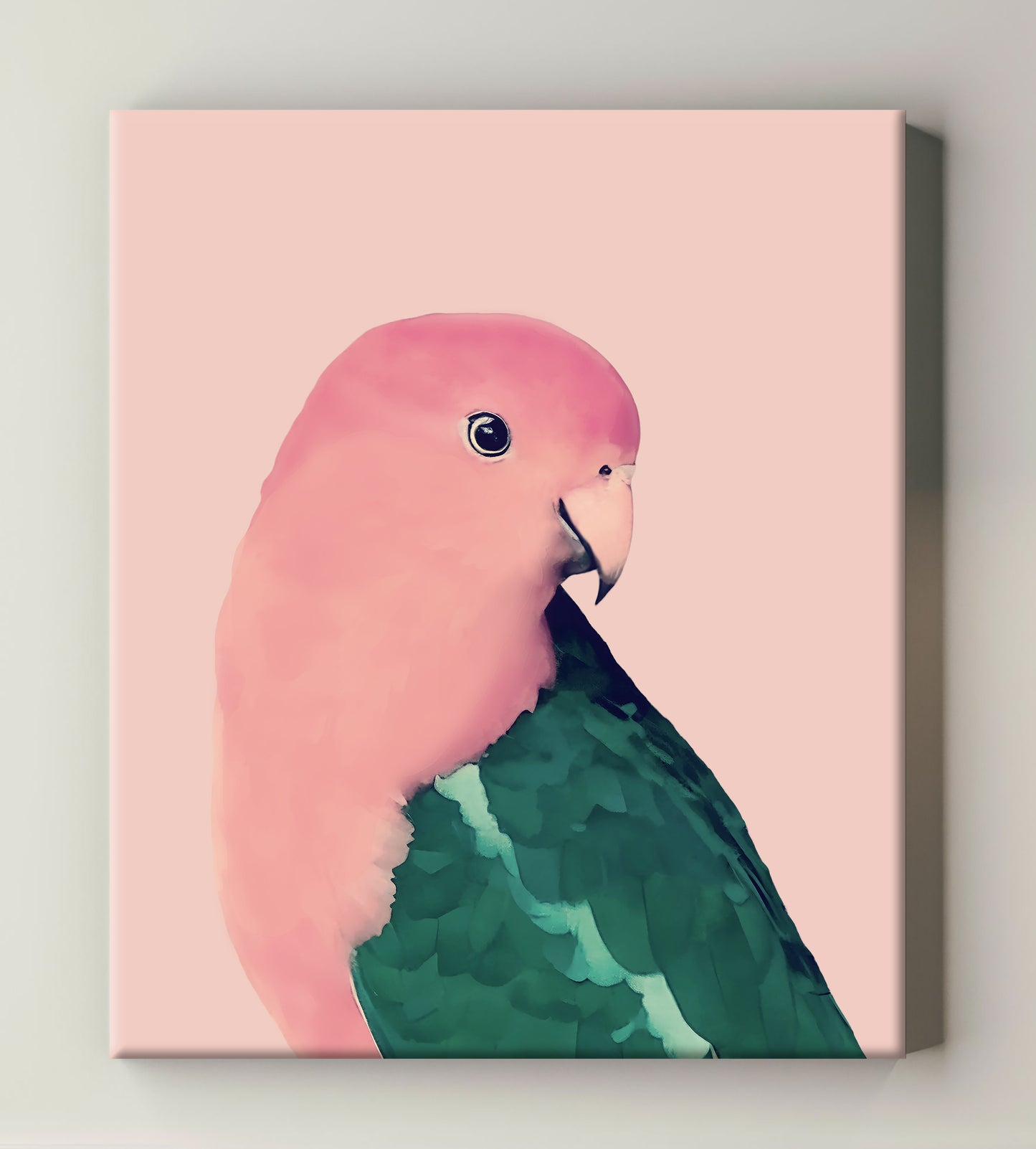 beautiful male king parrot canvas print in soft watercolor reds and greens with pink background
