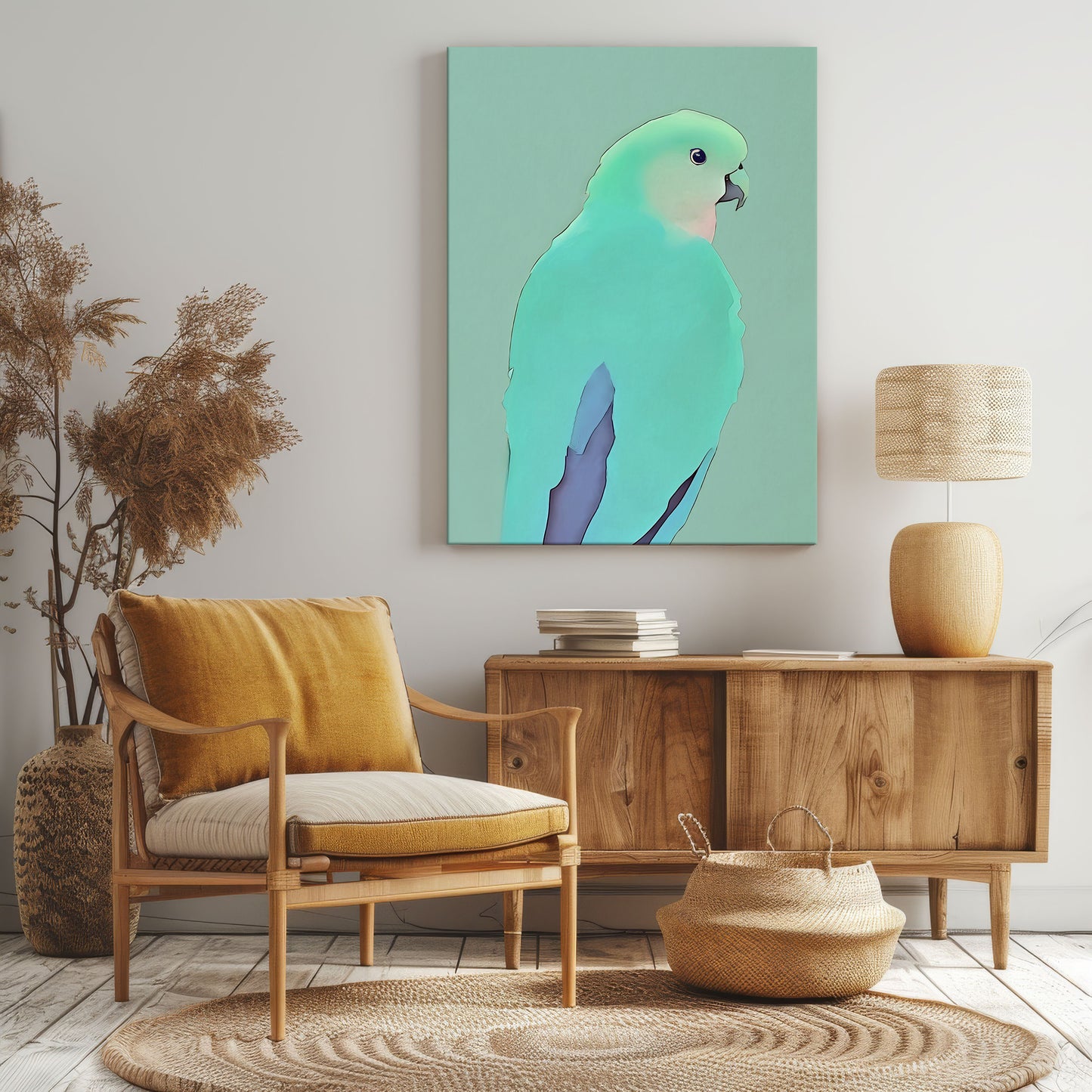 Female king parrot watercolor canvas print with soft green background in a living room