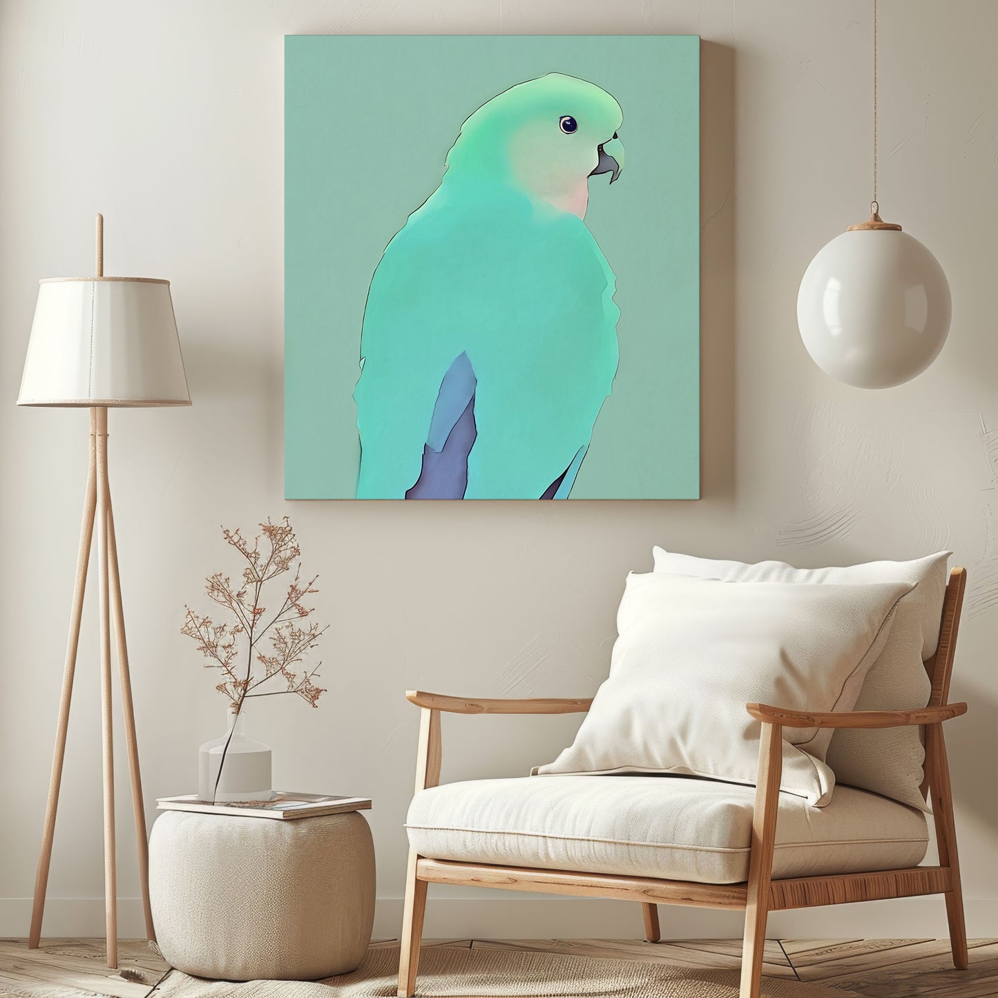 Female king parrot watercolor canvas print with soft green background