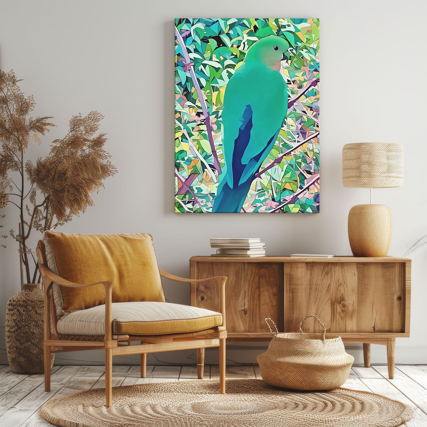 queenie in the forest canvas print. Female king parrot wall art in living room