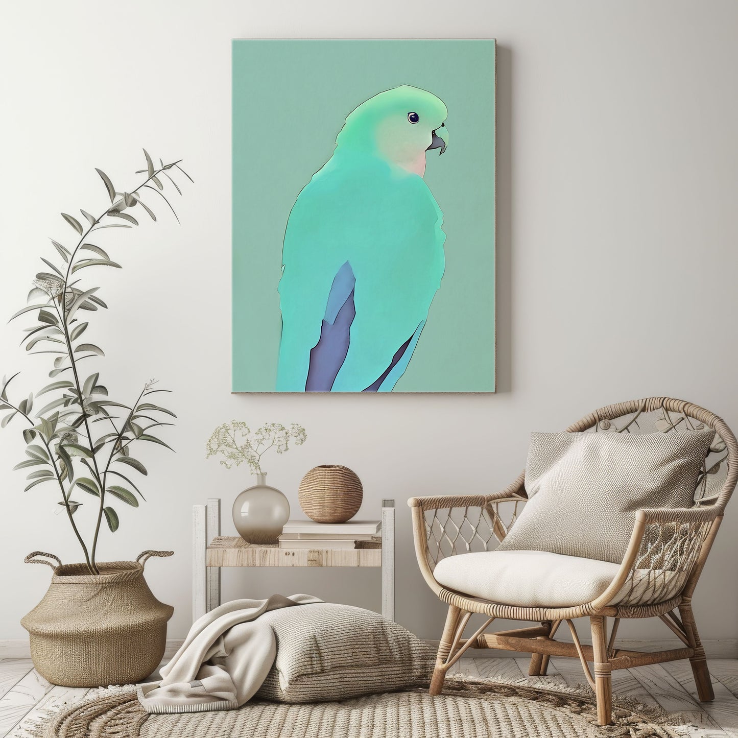 Female king parrot watercolor canvas print with soft green background in a living room