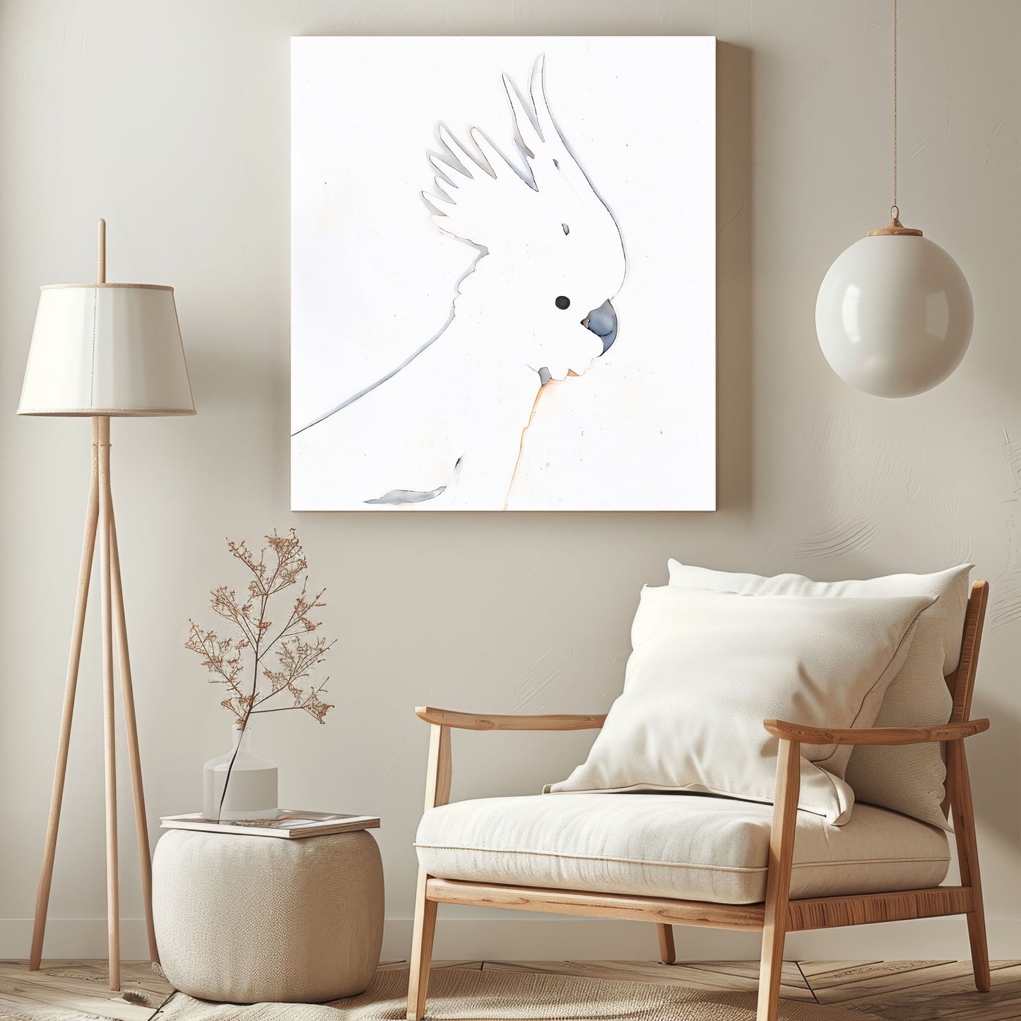 minimalist line drawing canvas print of a cockatoo with crest up in living room