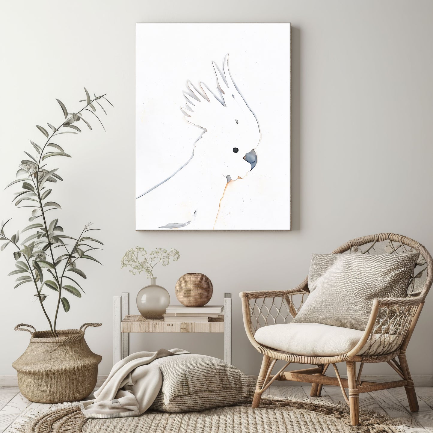 minimalist line drawing canvas print of a cockatoo with crest up in living room