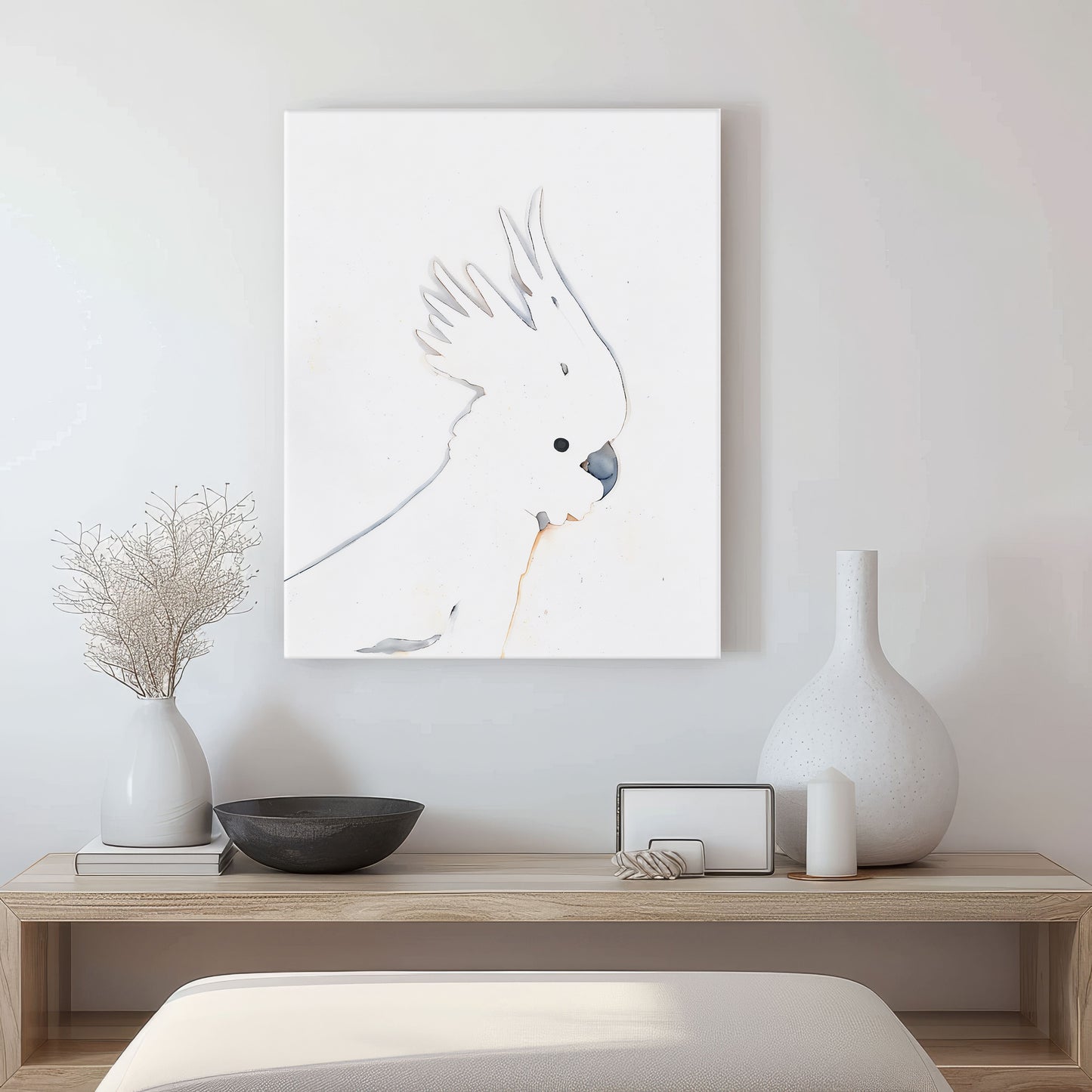 minimalist line drawing canvas print of a cockatoo with crest up in living room
