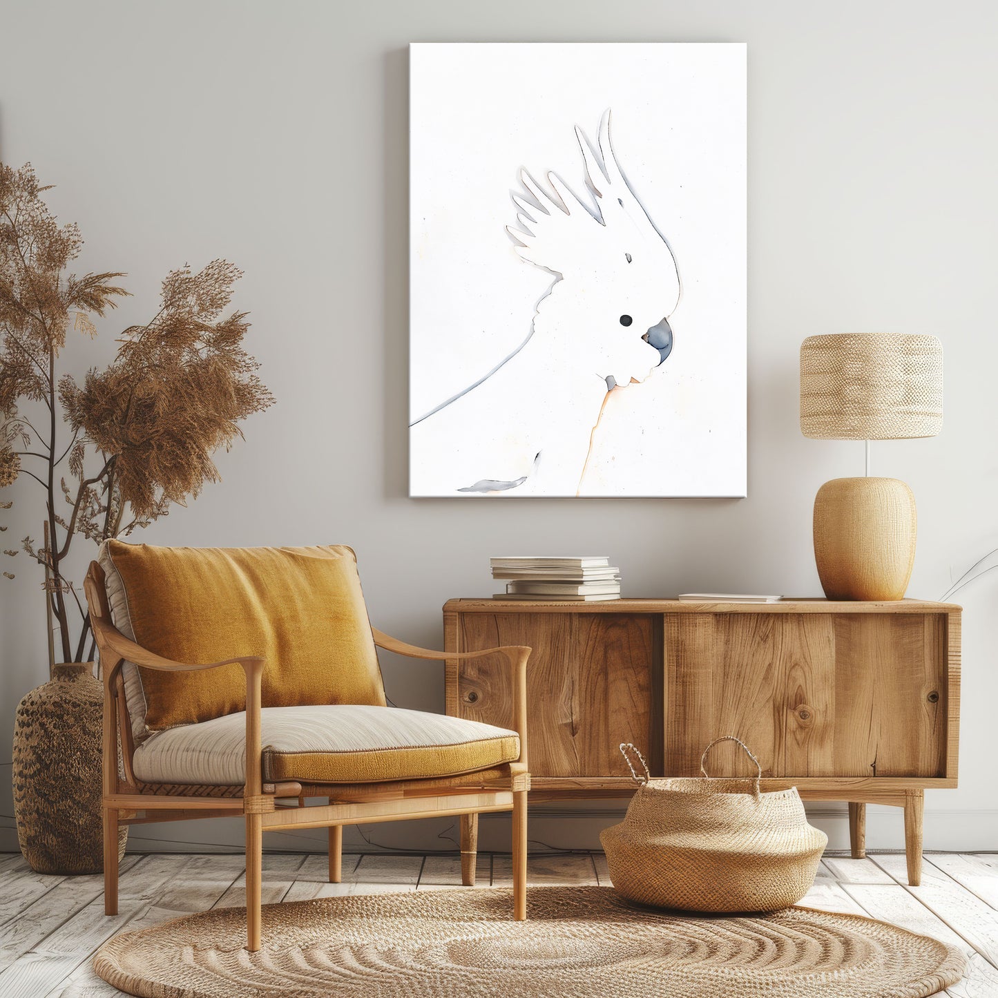 minimalist line drawing canvas print of a cockatoo with crest up in living room