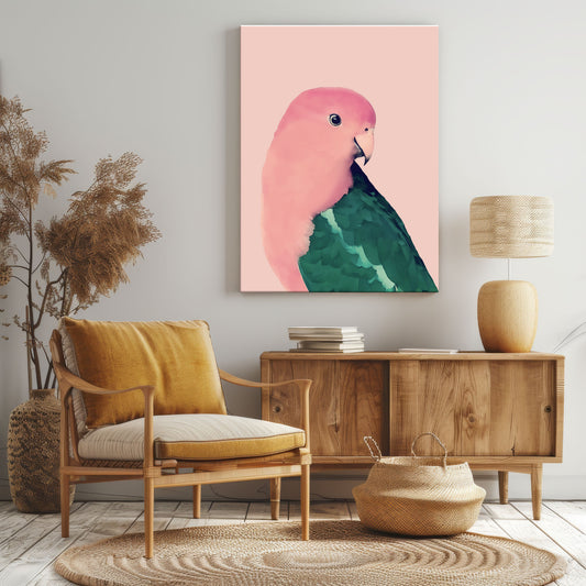 beautiful male king parrot canvas print in soft watercolor reds and greens with pink background in a living room