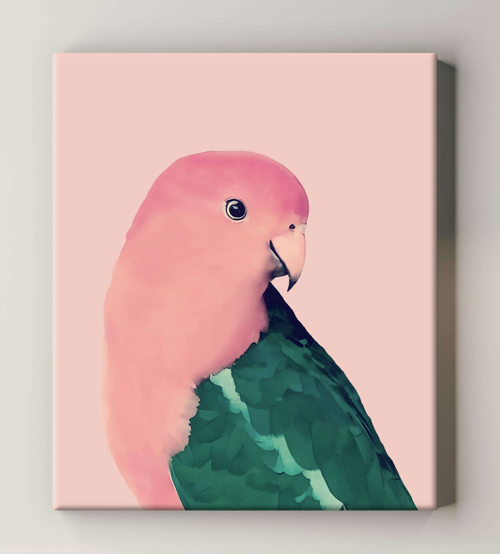beautiful male king parrot canvas print in soft watercolor reds and greens with pink background 