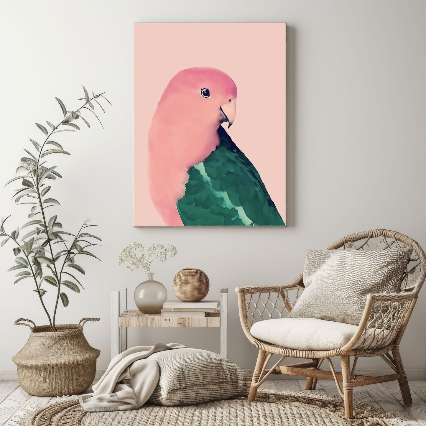 beautiful male king parrot canvas print in soft watercolor reds and greens with pink background in a living room