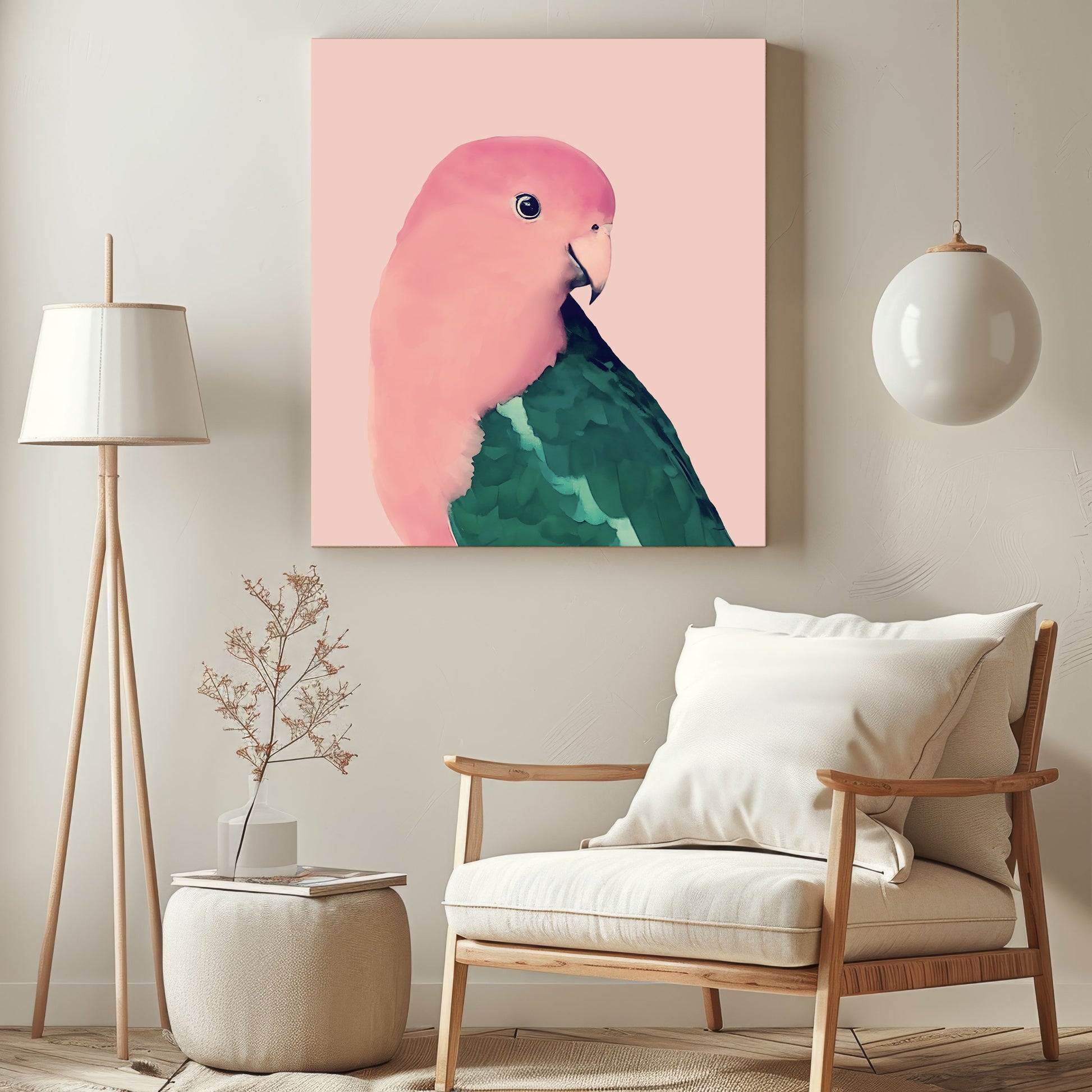 beautiful male king parrot canvas print in soft watercolor reds and greens with pink background in a living room