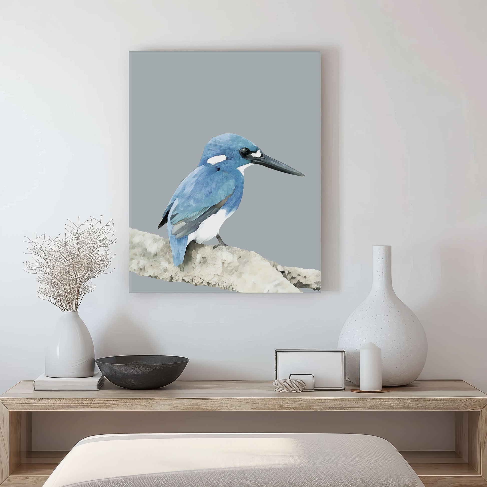 beautiful little blue kingfisher on a branch with soft grey background canvas print in living room