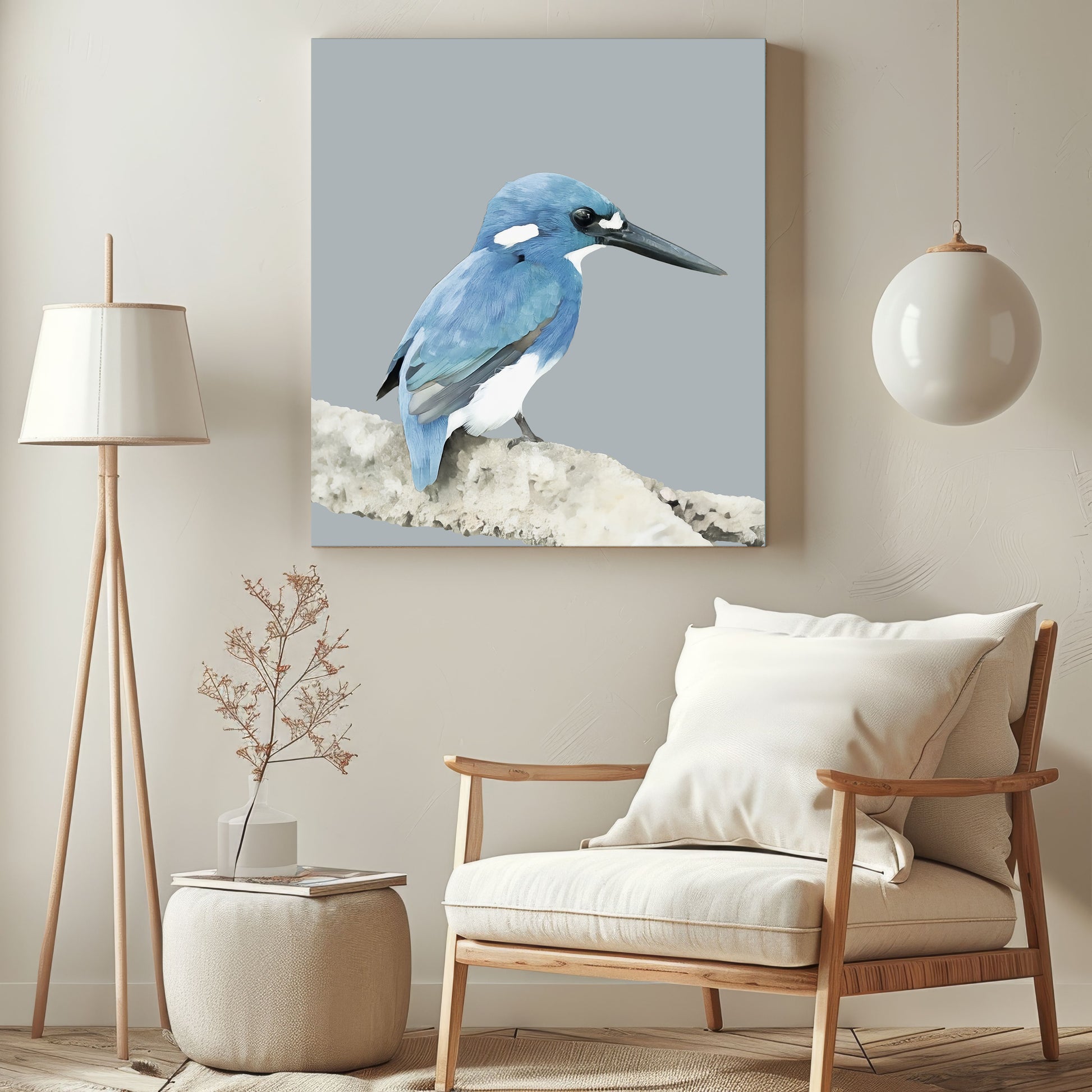 beautiful little blue kingfisher on a branch with soft grey background canvas print in living room