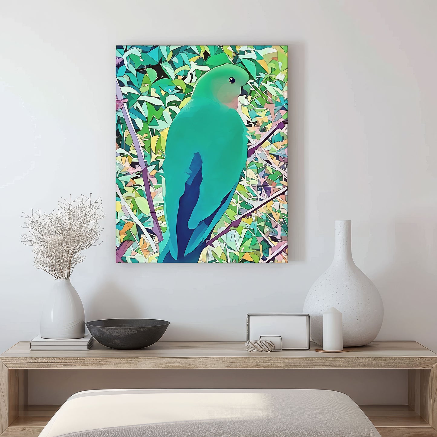 queenie in the forest canvas print. Female king parrot wall art in living room