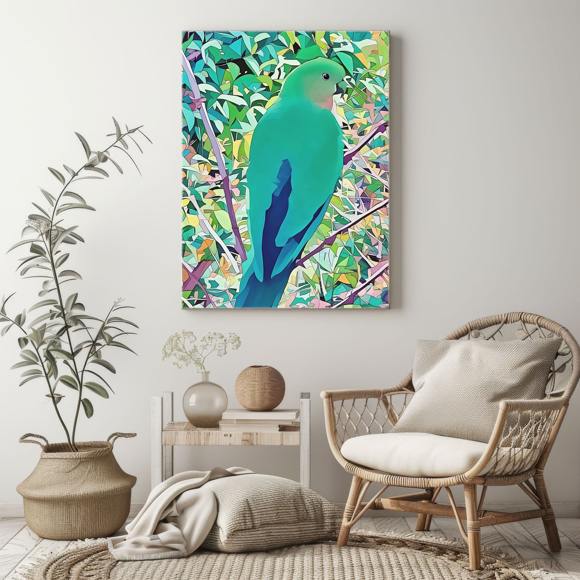 queenie in the forest canvas print. Female king parrot wall art in living room