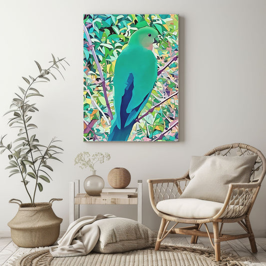 queenie in the forest canvas print. Female king parrot wall art in living room