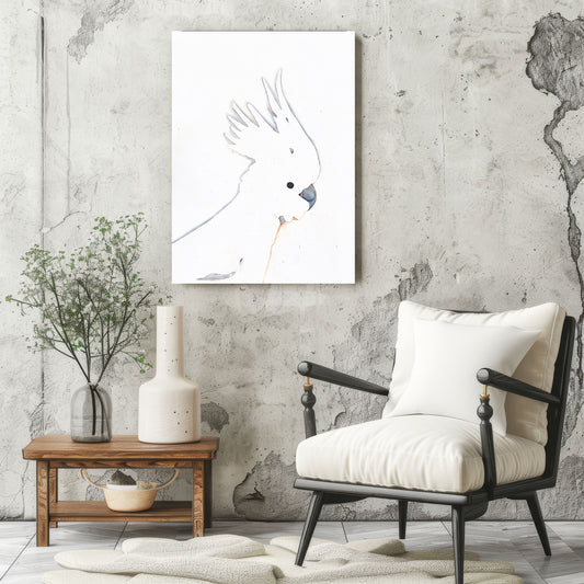 minimalist line drawing canvas print of a cockatoo with crest up in living room